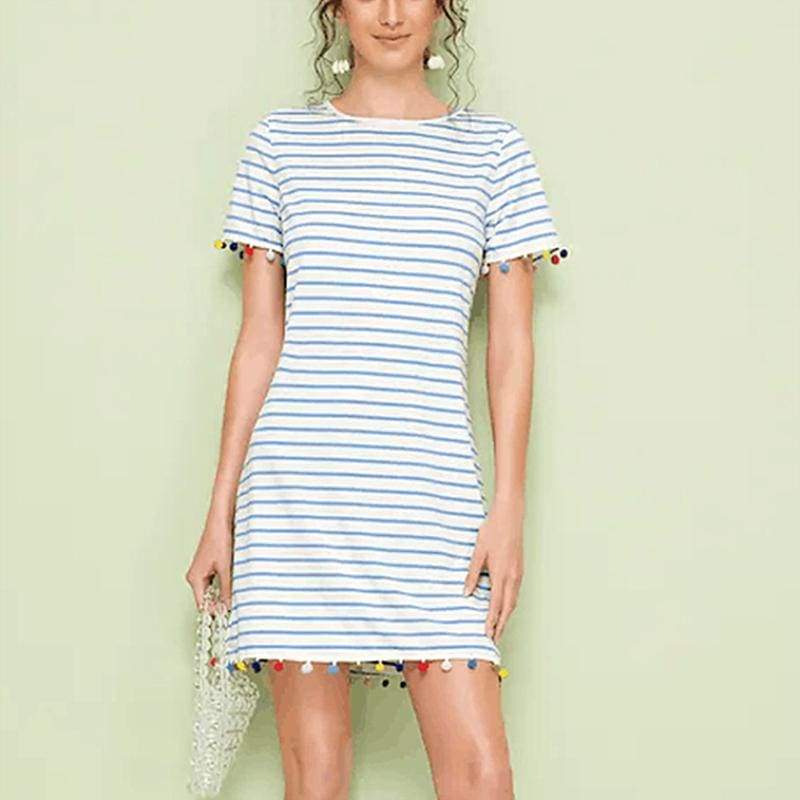 New Short Sleeve Mini T-shirt Dress  Ladies Casual Round Neck Striped Tassel Loose Beach Sundress Mssaz Desses