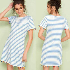 New Short Sleeve Mini T-shirt Dress  Ladies Casual Round Neck Striped Tassel Loose Beach Sundress Mssaz Desses