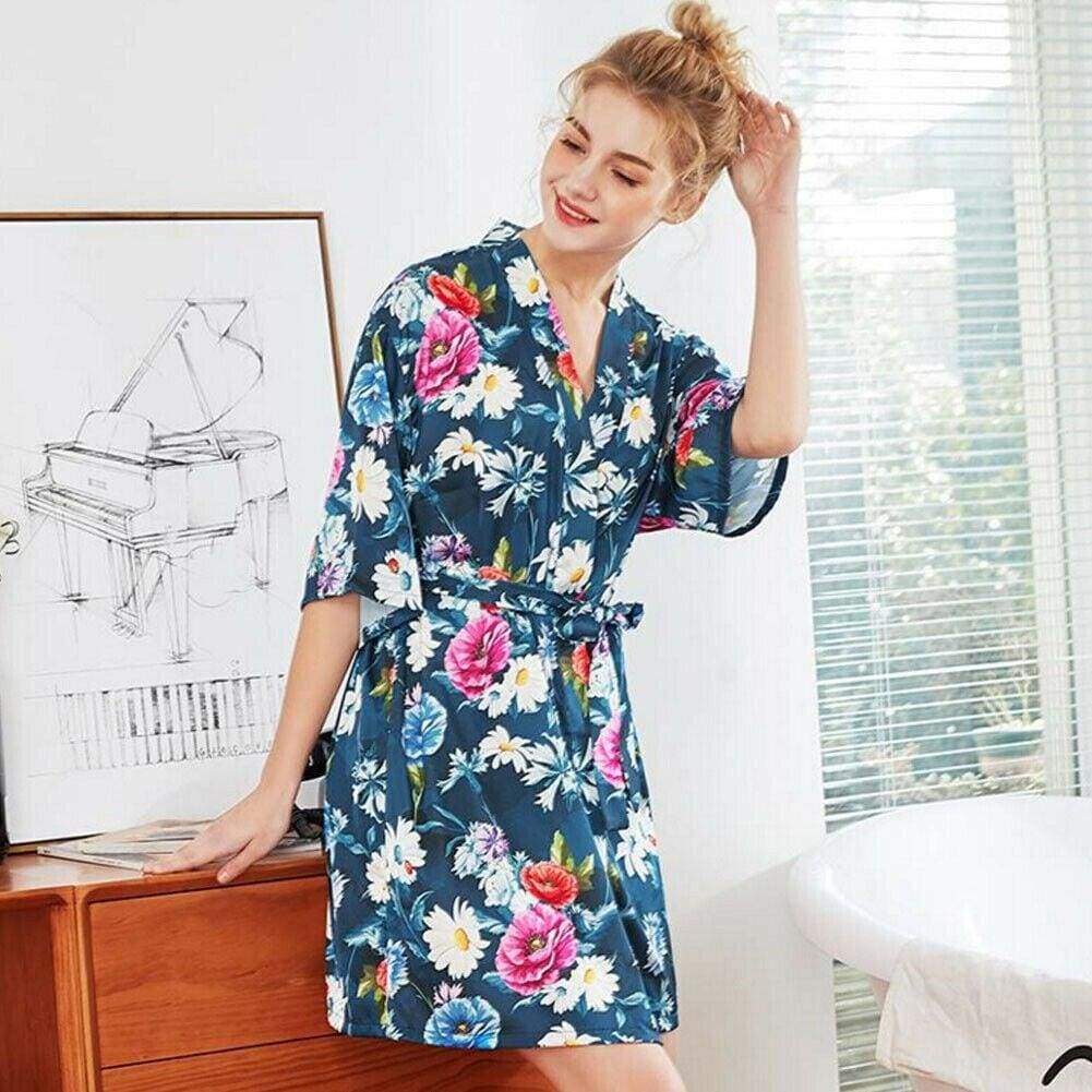 New Silk Satin Floral Half Sleeve V-Neck  Short Nightwear Bath Robe Daily Soft Casual Sleepdress Mssaz Desses