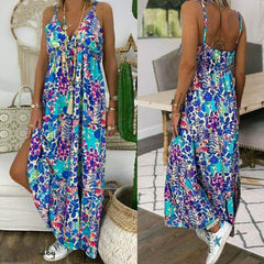 New  Beach Strappy V-neck Dress Ladies Boho Floral Sundress Holiday Beach Sundress Clothes Mssaz Desses