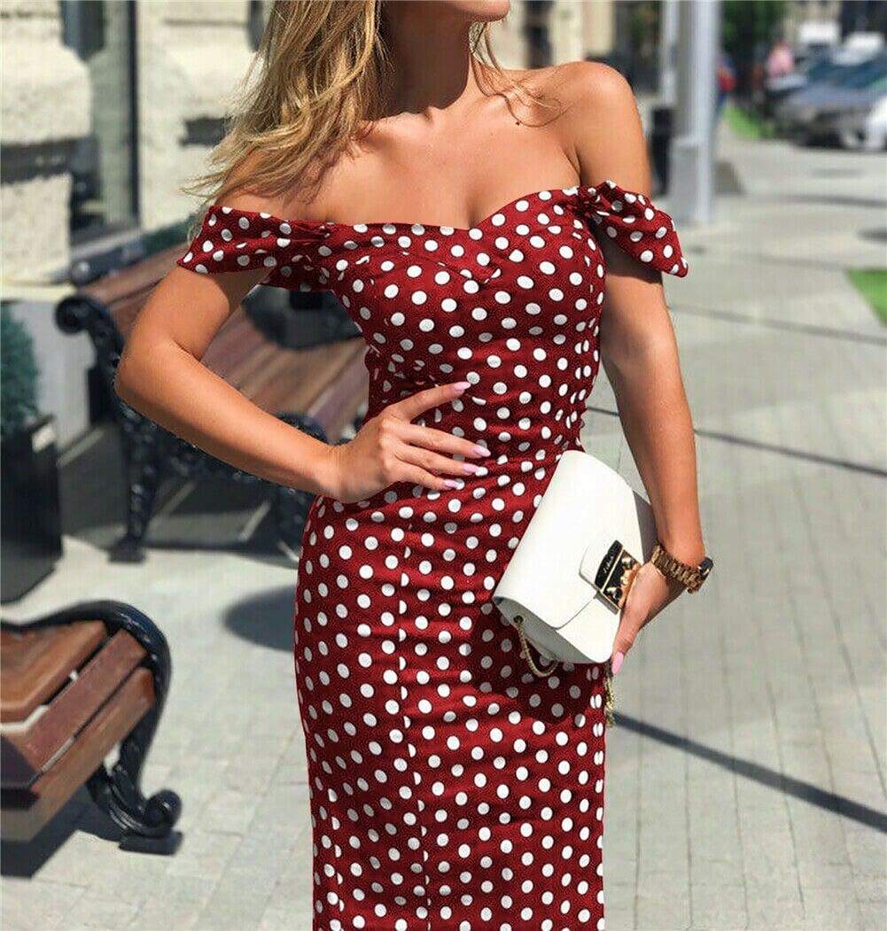 New  Boho Polka Dot Dress Ladies Casual Bodycon Off Shoulder Party Evening Beach Pencil Sundress Mssaz Desses