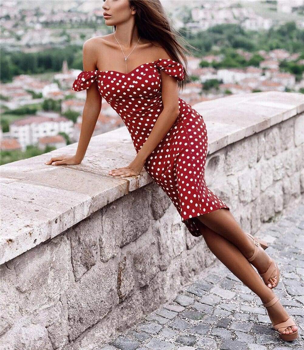 New  Boho Polka Dot Dress Ladies Casual Bodycon Off Shoulder Party Evening Beach Pencil Sundress Mssaz Desses