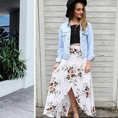 New  Hight Waist Maxi Skirt Ladies Pleated Beach Long Casual Boho Floral Skirt Sundress Mssaz Desses