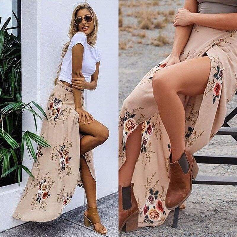 New  Hight Waist Maxi Skirt Ladies Pleated Beach Long Casual Boho Floral Skirt Sundress Mssaz Desses