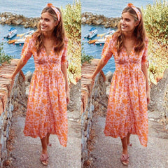 New Sweet Boho Floral Maxi Dress  Retro Short Sleeve Draped Bandage Dresses Lady Party Beach Sundress Vestidos Mssaz Desses