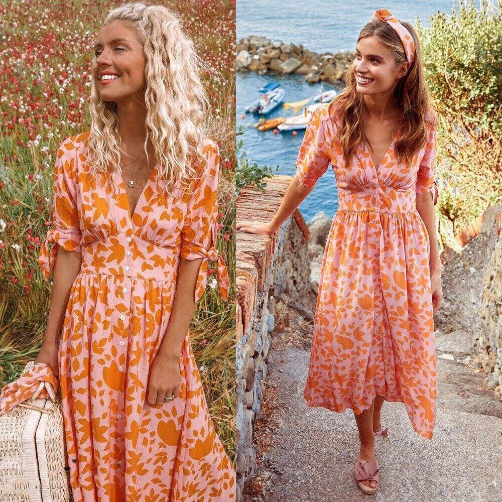 New Sweet Boho Floral Maxi Dress  Retro Short Sleeve Draped Bandage Dresses Lady Party Beach Sundress Vestidos Mssaz Desses