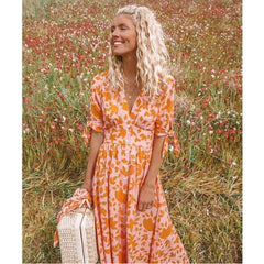 New Sweet Boho Floral Maxi Dress  Retro Short Sleeve Draped Bandage Dresses Lady Party Beach Sundress Vestidos Mssaz Desses