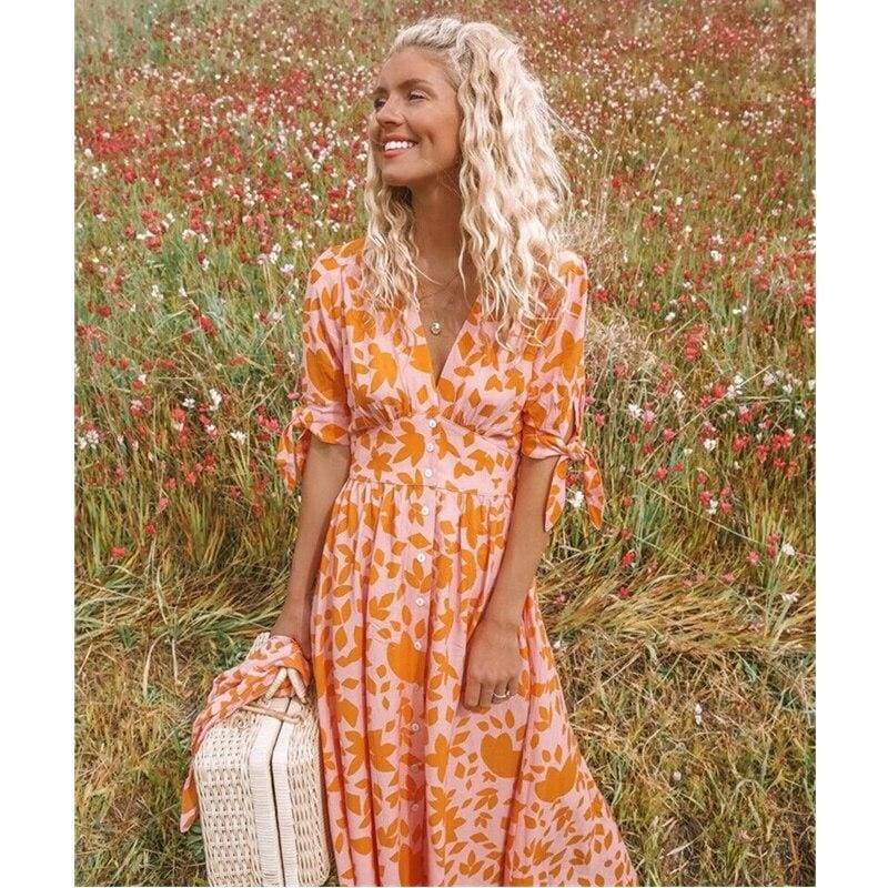 New Sweet Boho Floral Maxi Dress  Retro Short Sleeve Draped Bandage Dresses Lady Party Beach Sundress Vestidos Mssaz Desses