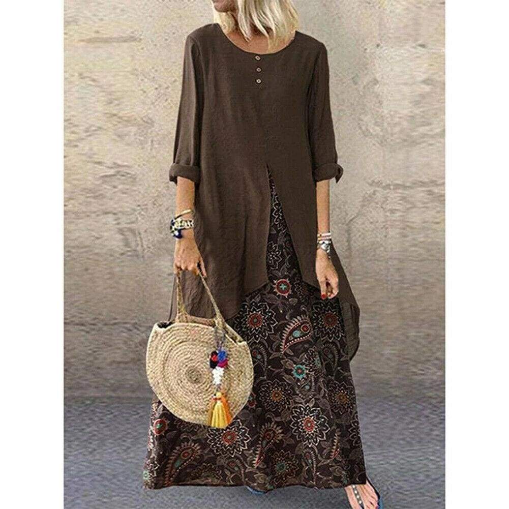 New Peasant Ethnic Boho Long Shirt Vest Dress  Casual Long Sleeve Loose Kaftan Maxi Dress Sundress Plus Size Mssaz Desses