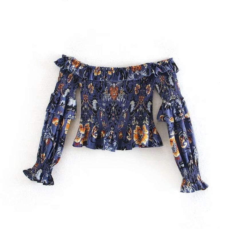 Off Shoulder Ruffles Floral Print Bohemian Short Blouse Mssza