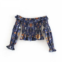 Off Shoulder Ruffles Floral Print Bohemian Short Blouse Mssza