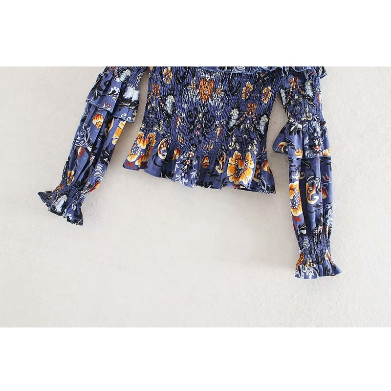 Off Shoulder Ruffles Floral Print Bohemian Short Blouse Mssza
