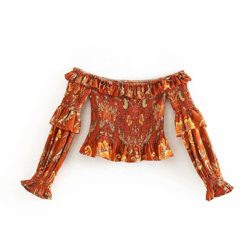 Off Shoulder Ruffles Floral Print Bohemian Short Blouse Mssza