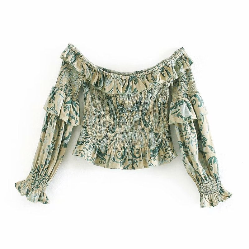 Off Shoulder Ruffles Floral Print Bohemian Short Blouse Mssza
