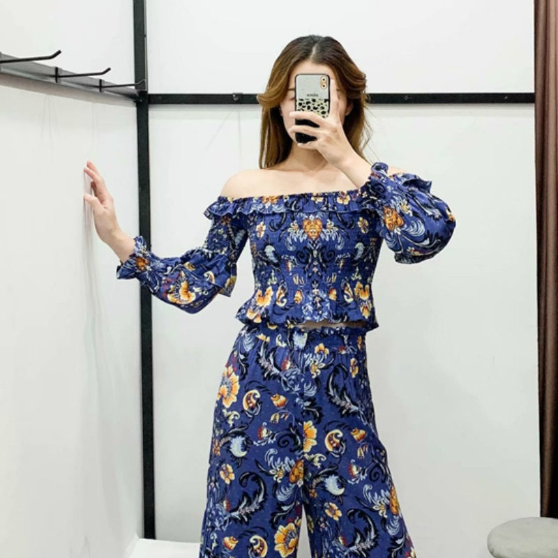Off Shoulder Ruffles Floral Print Bohemian Short Blouse Mssza