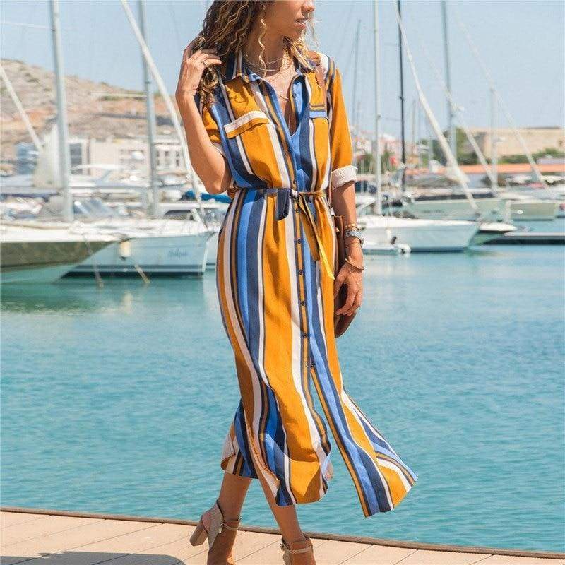 Office Ladies Stripe Shirt Dress Chiffon Casual Long Sleeve Dress Mssaz Desses