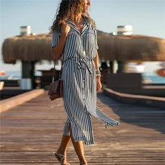 Office Ladies Stripe Shirt Dress Chiffon Casual Long Sleeve Dress Mssaz Desses