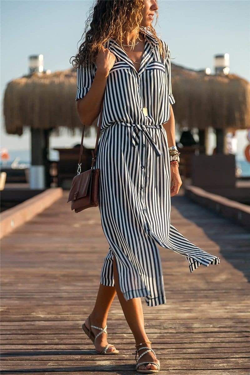 Office Ladies Stripe Shirt Dress Chiffon Casual Long Sleeve Dress Mssaz Desses