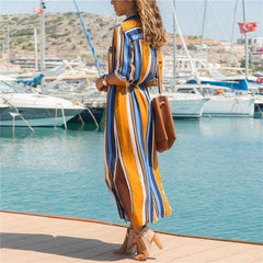 Office Ladies Stripe Shirt Dress Chiffon Casual Long Sleeve Dress Mssaz Desses