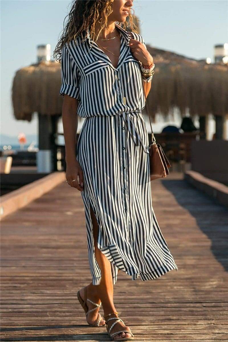 Office Ladies Stripe Shirt Dress Chiffon Casual Long Sleeve Dress Mssaz Desses