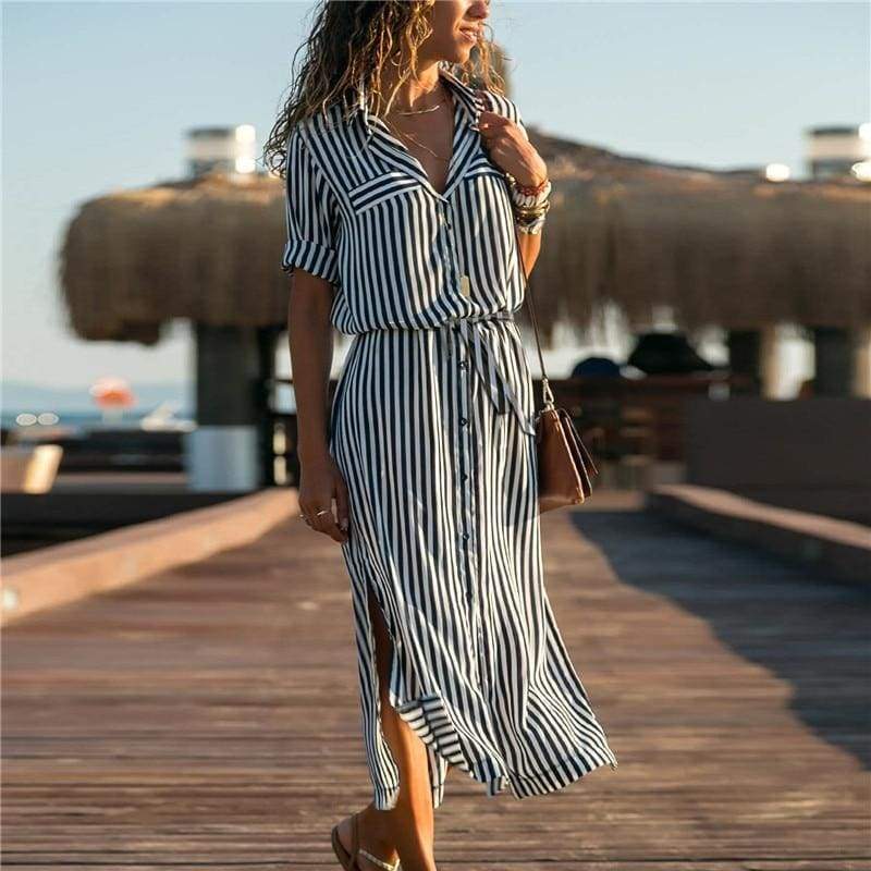 Office Ladies Stripe Shirt Dress Chiffon Casual Long Sleeve Dress Mssaz Desses