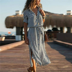 Office Ladies Stripe Shirt Dress Chiffon Casual Long Sleeve Dress Mssaz Desses