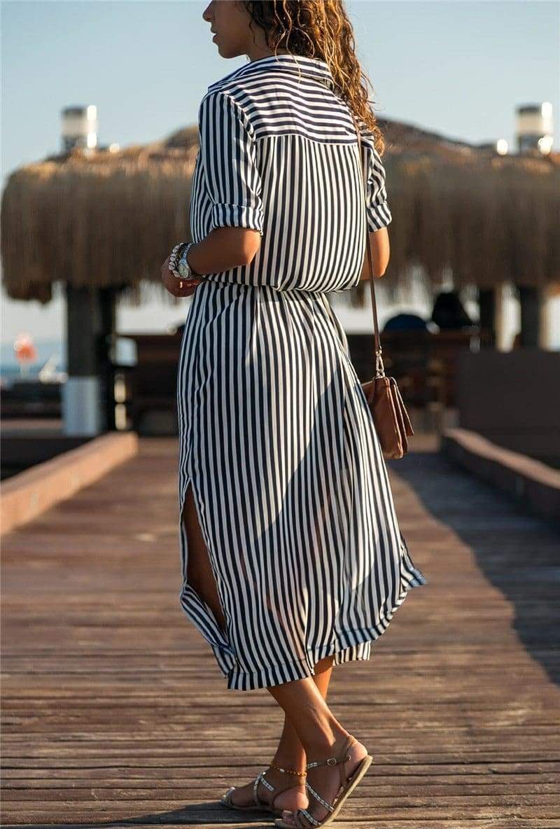 Office Ladies Stripe Shirt Dress Chiffon Casual Long Sleeve Dress Mssaz Desses