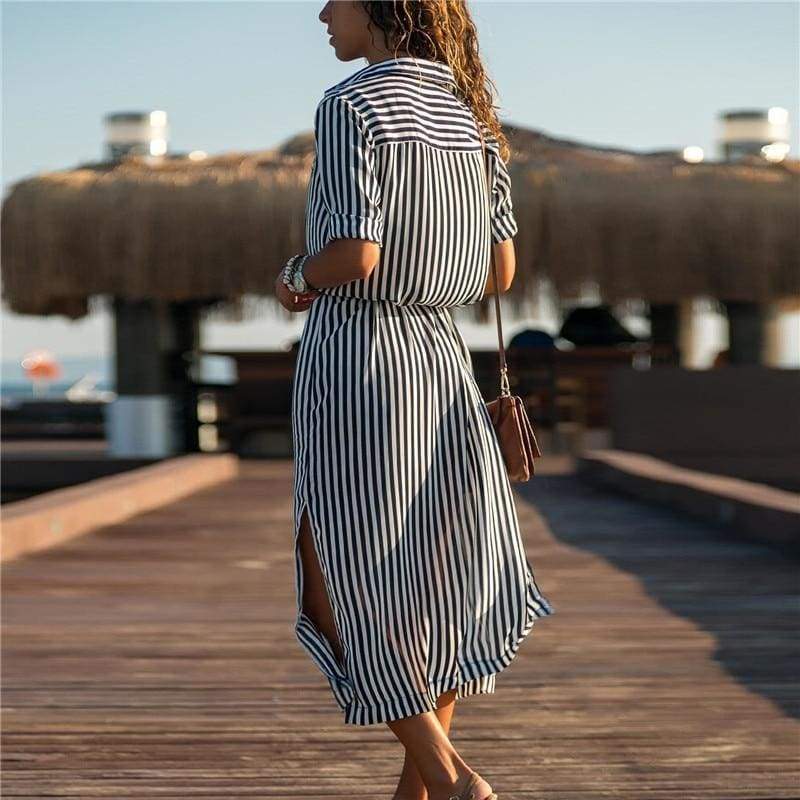 Office Ladies Stripe Shirt Dress Chiffon Casual Long Sleeve Dress Mssaz Desses