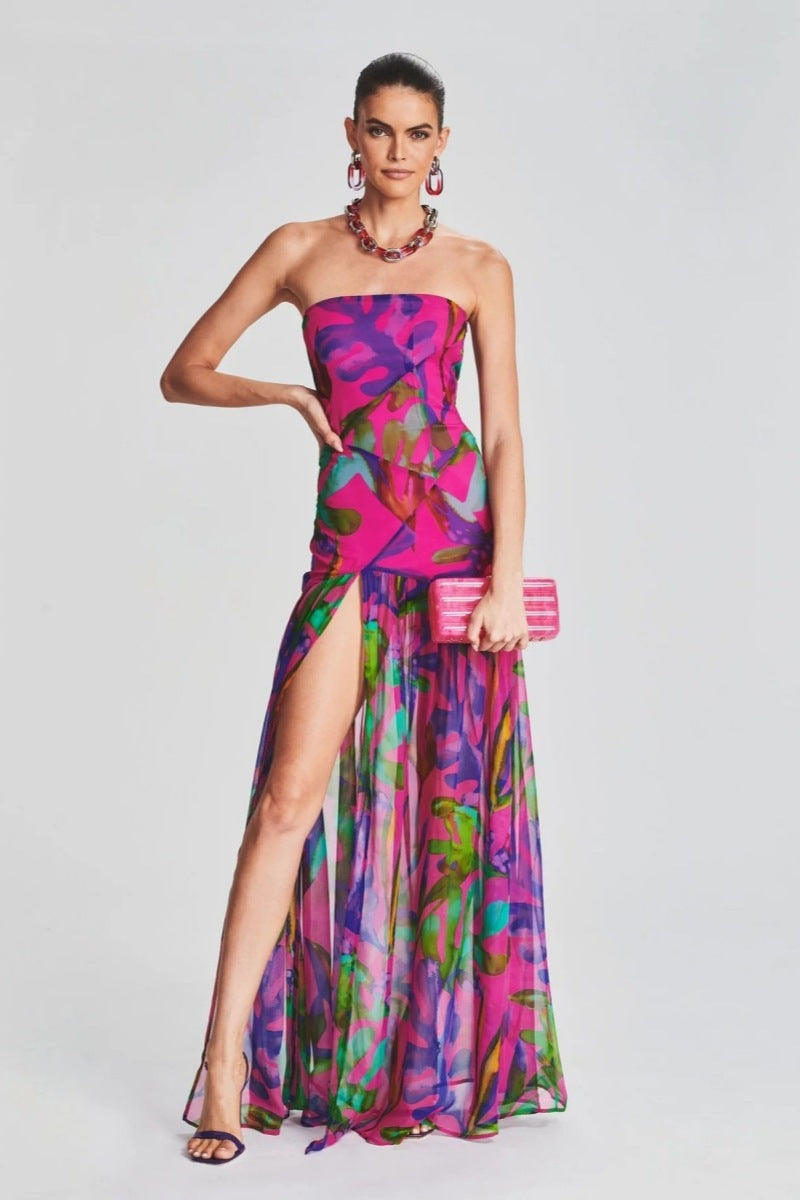 Pam Printed Strapless Slit Maxi Dress Mssaz Desses