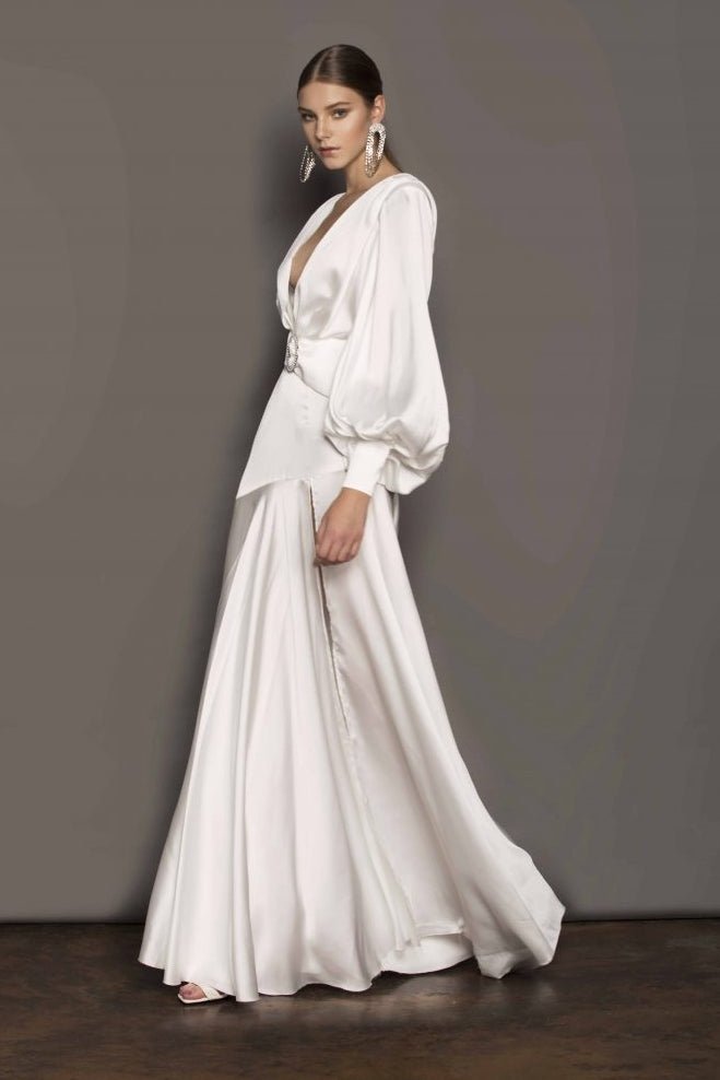 Phoebe V-neck Belted Slit Maxi Dress Mssaz Desses