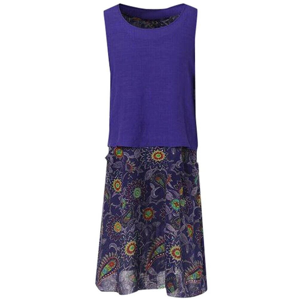 Plus Size Bohemian 2 Pcs Casual Set  Sleeveless T-shirt Tee Top + Floral Dress Skirt Beach Holiday Suit Mssaz Desses