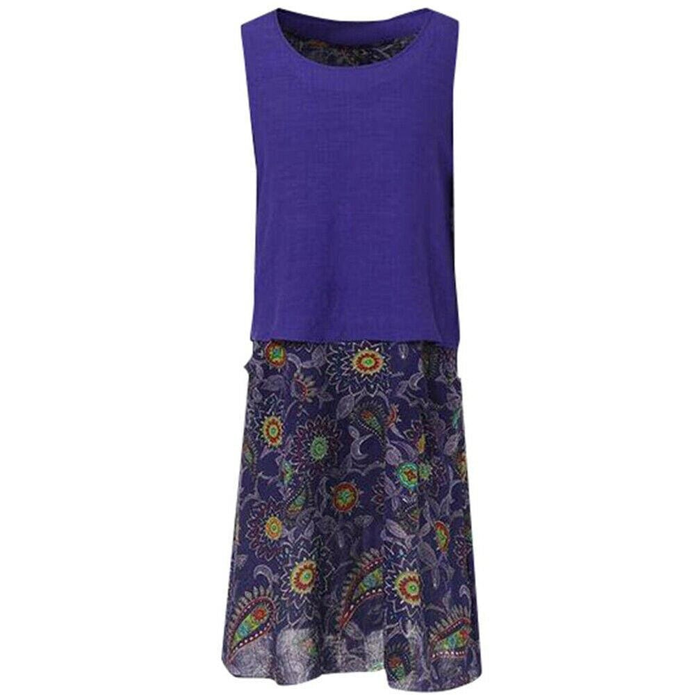 Plus Size Bohemian 2 Pcs Casual Set  Sleeveless T-shirt Tee Top + Floral Dress Skirt Beach Holiday Suit Mssaz Desses