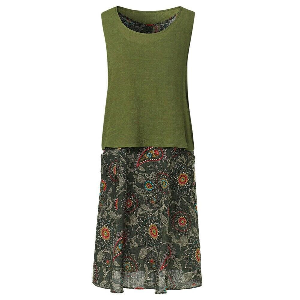Plus Size Bohemian 2 Pcs Casual Set  Sleeveless T-shirt Tee Top + Floral Dress Skirt Beach Holiday Suit Mssaz Desses