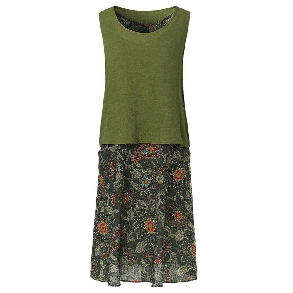 Plus Size Bohemian 2 Pcs Casual Set  Sleeveless T-shirt Tee Top + Floral Dress Skirt Beach Holiday Suit Mssaz Desses