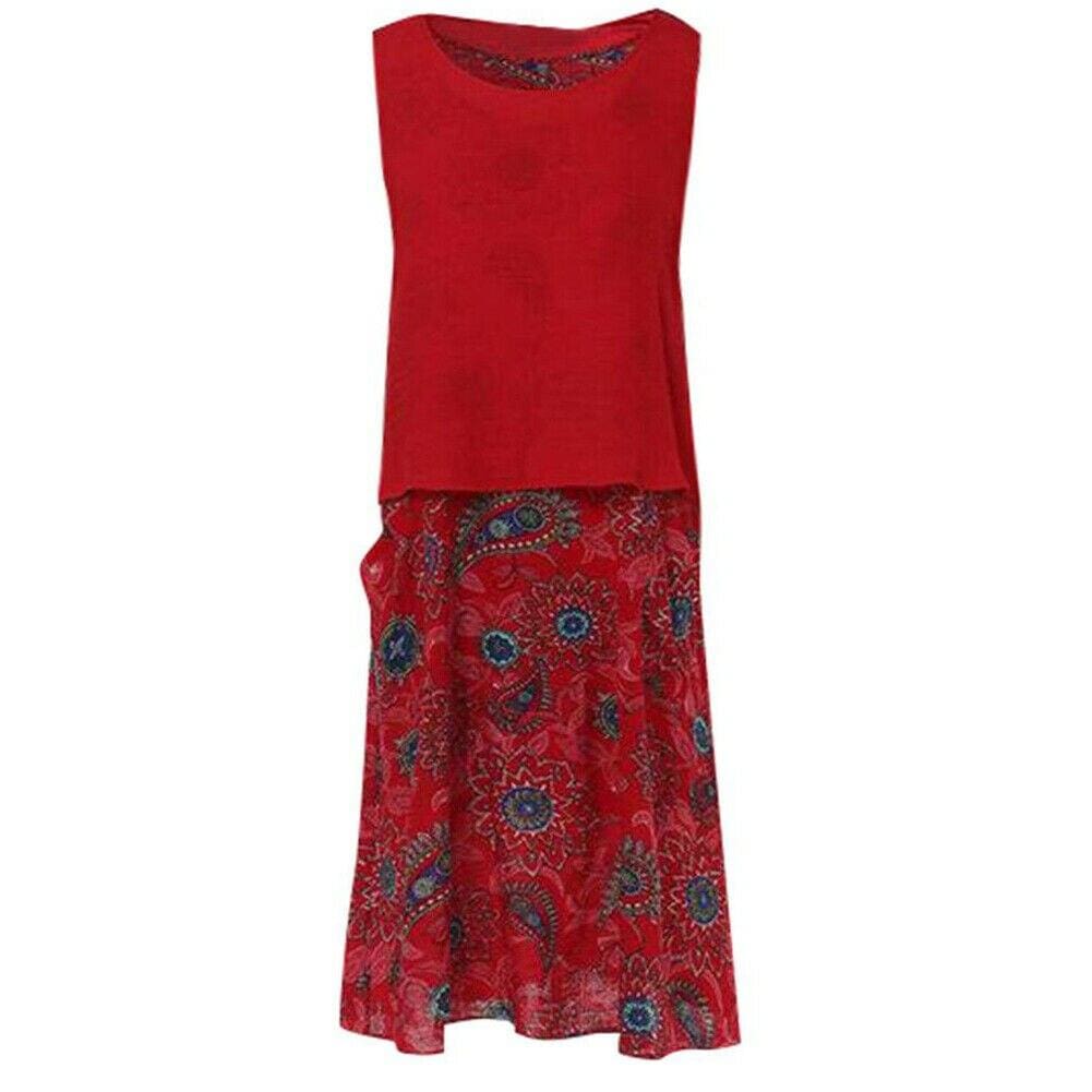 Plus Size Bohemian 2 Pcs Casual Set  Sleeveless T-shirt Tee Top + Floral Dress Skirt Beach Holiday Suit Mssaz Desses