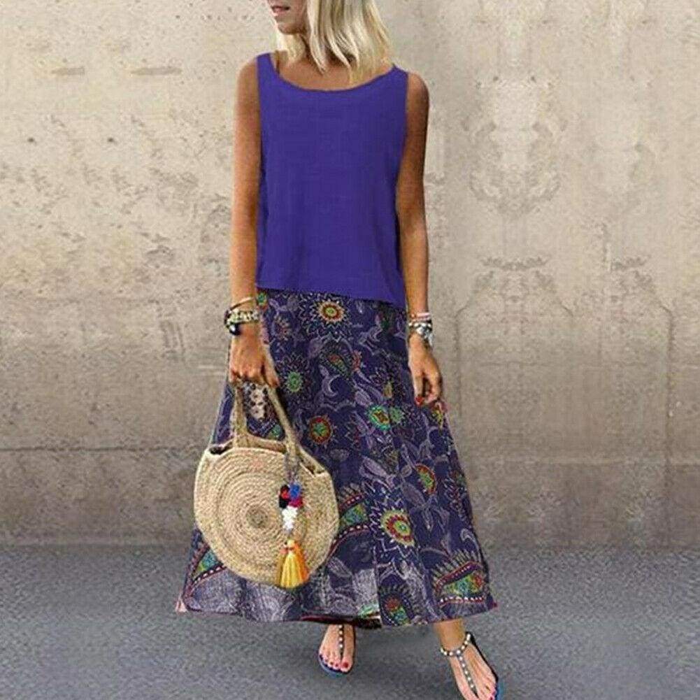 Plus Size Bohemian 2 Pcs Casual Set  Sleeveless T-shirt Tee Top + Floral Dress Skirt Beach Holiday Suit Mssaz Desses