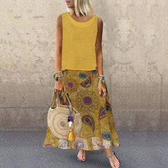 Plus Size Bohemian 2 Pcs Casual Set  Sleeveless T-shirt Tee Top + Floral Dress Skirt Beach Holiday Suit Mssaz Desses