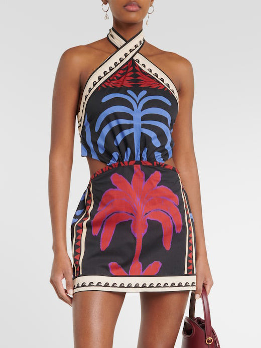 Unique  Print Halter Neck Mini Dress Mssaz Desses