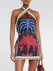 Unique  Print Halter Neck Mini Dress Mssaz Desses