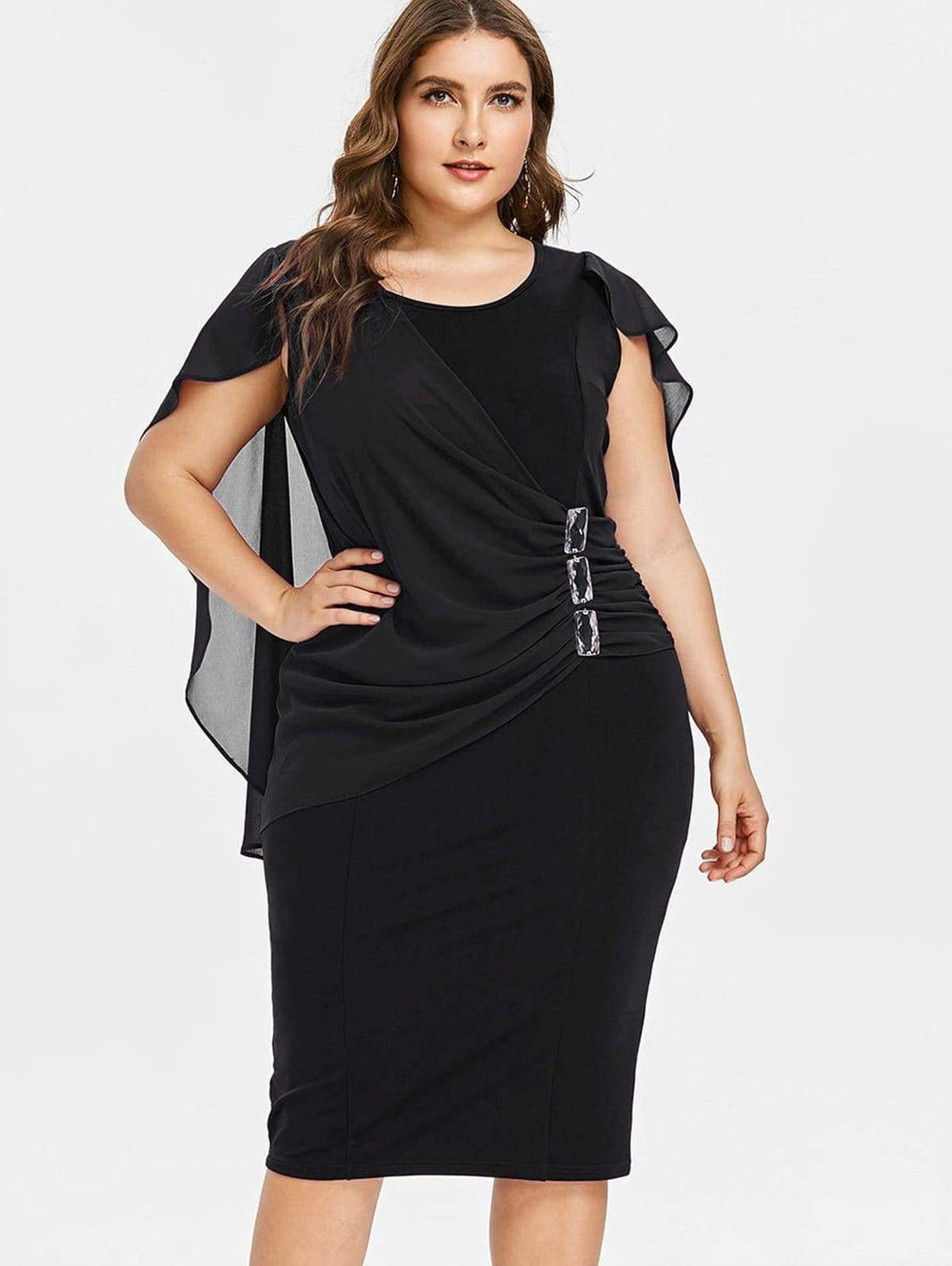 Clearance Rhinestone Ruched Embellished Capelet Dress O-Neck Sleeveless Mssaz Desses