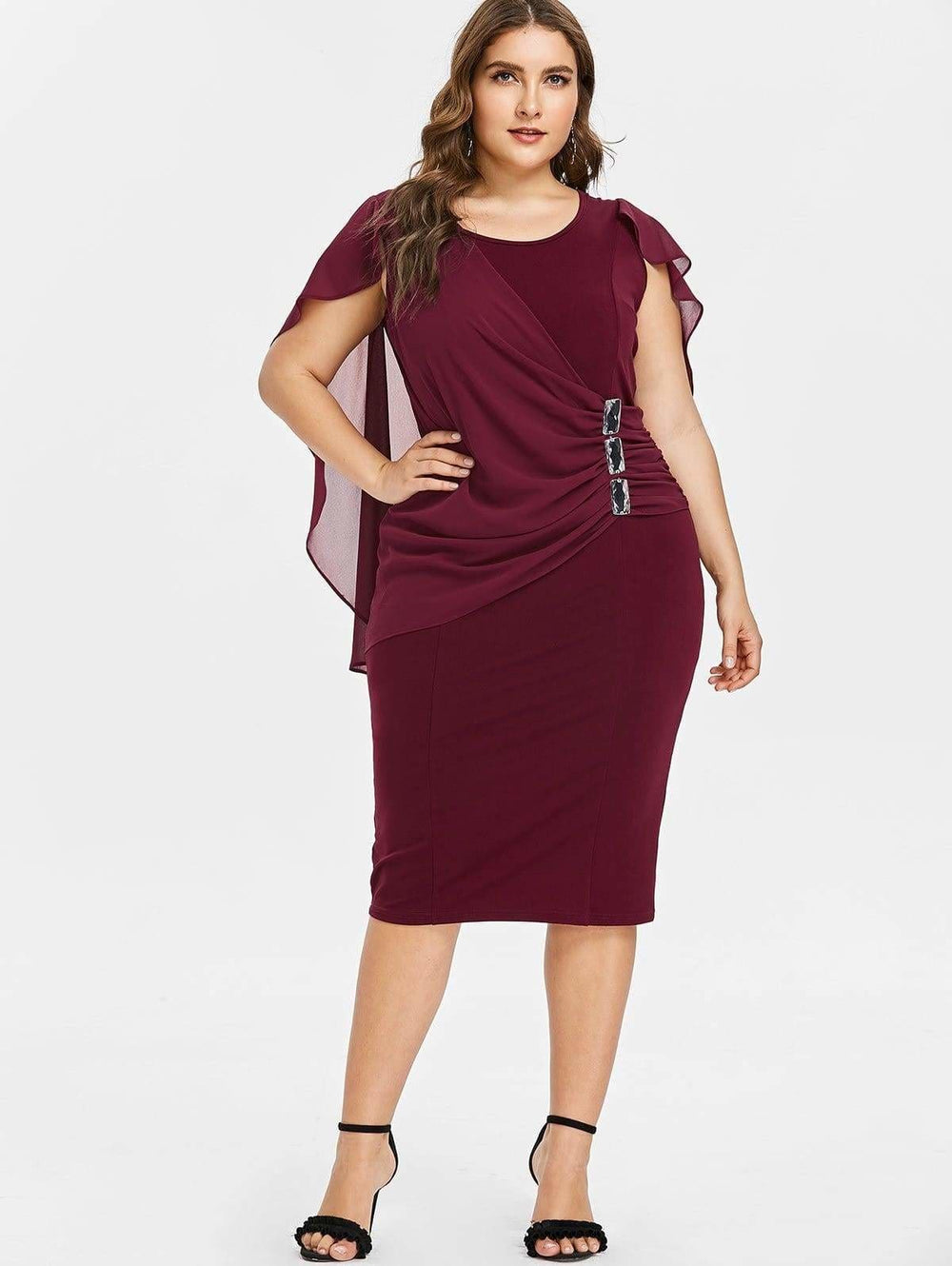Clearance Rhinestone Ruched Embellished Capelet Dress O-Neck Sleeveless Mssaz Desses