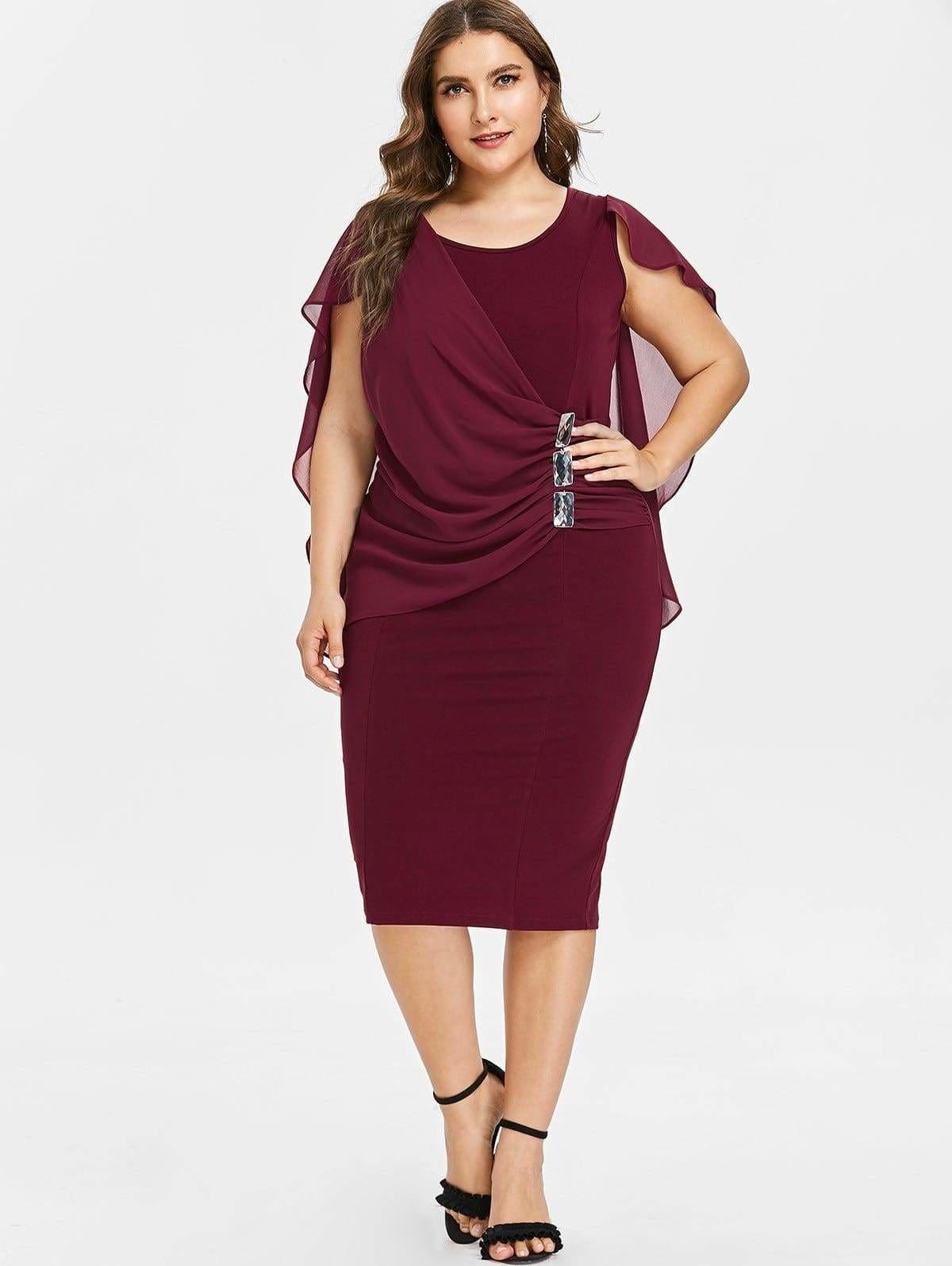 Clearance Rhinestone Ruched Embellished Capelet Dress O-Neck Sleeveless Mssaz Desses