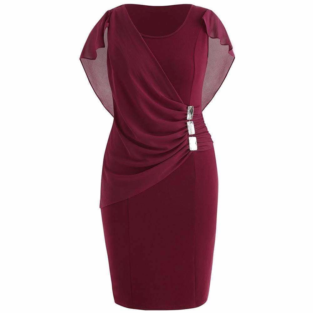 Clearance Rhinestone Ruched Embellished Capelet Dress O-Neck Sleeveless Mssaz Desses