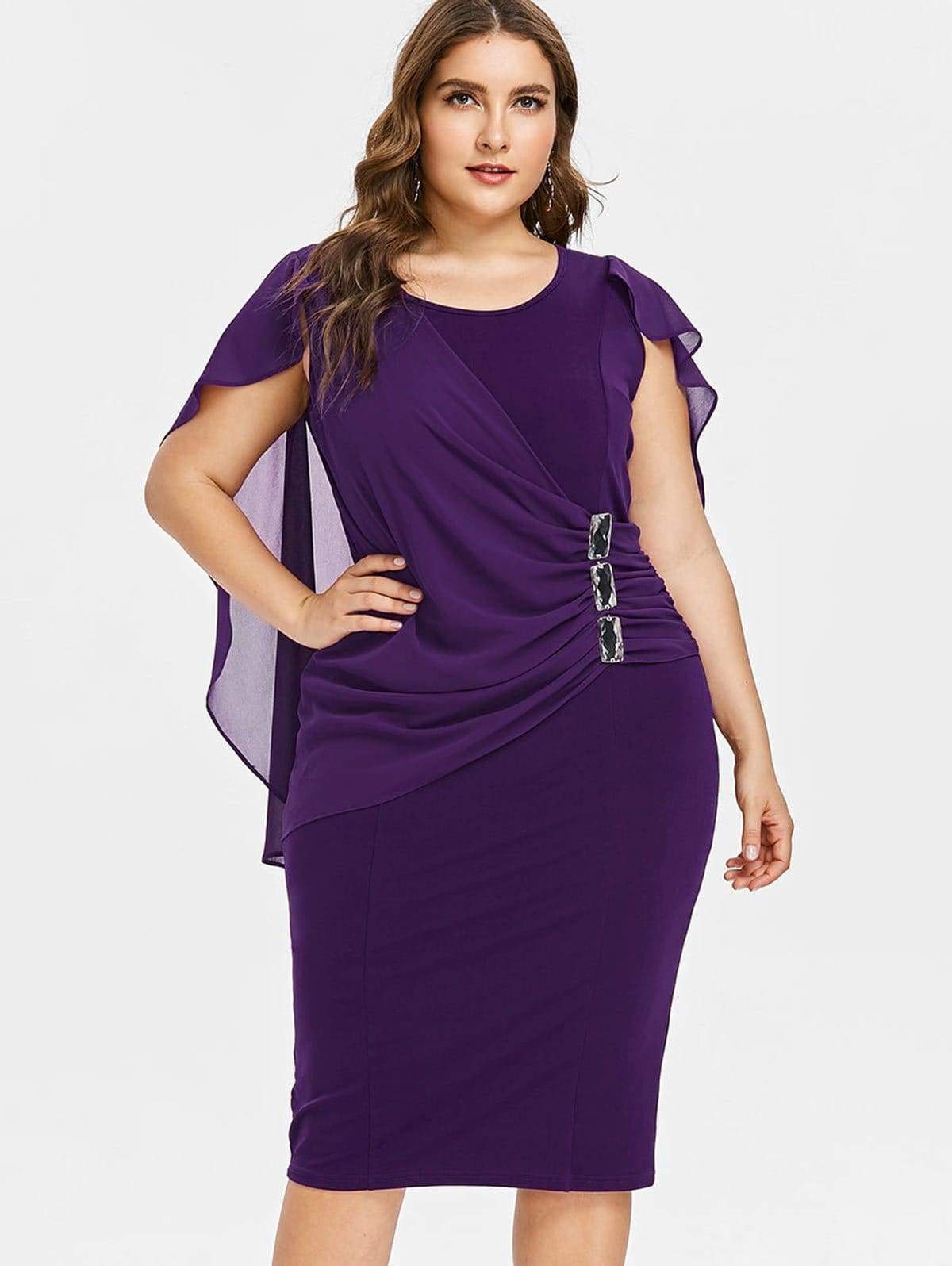 Clearance Rhinestone Ruched Embellished Capelet Dress O-Neck Sleeveless Mssaz Desses