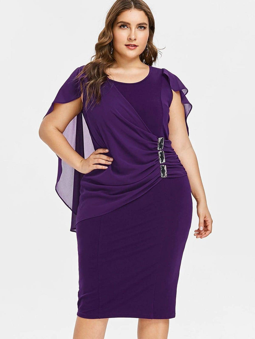 Clearance Rhinestone Ruched Embellished Capelet Dress O-Neck Sleeveless Mssaz Desses