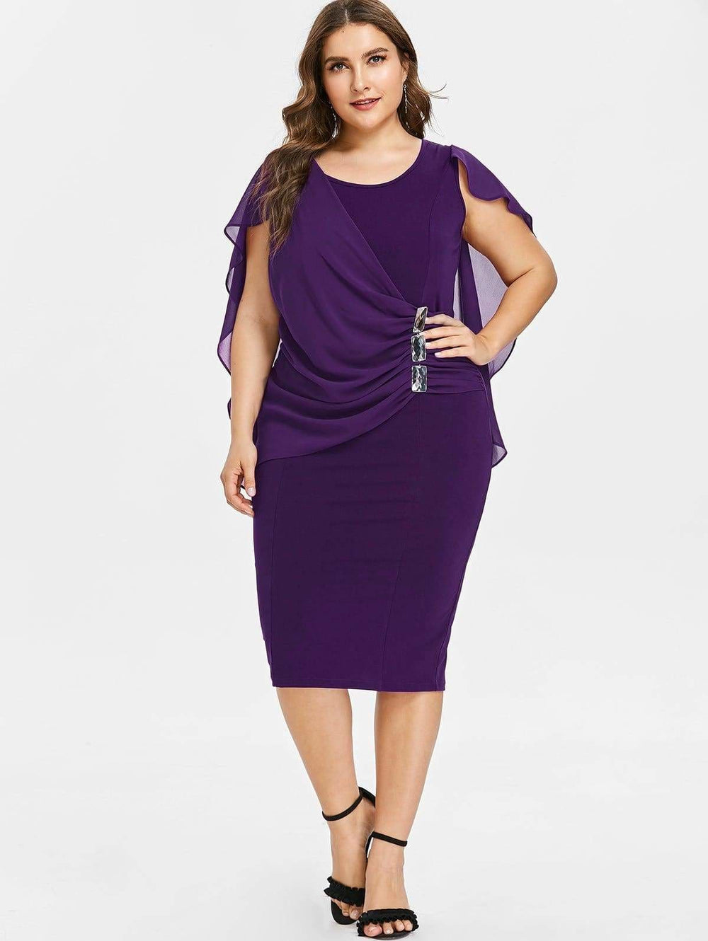 Clearance Rhinestone Ruched Embellished Capelet Dress O-Neck Sleeveless Mssaz Desses