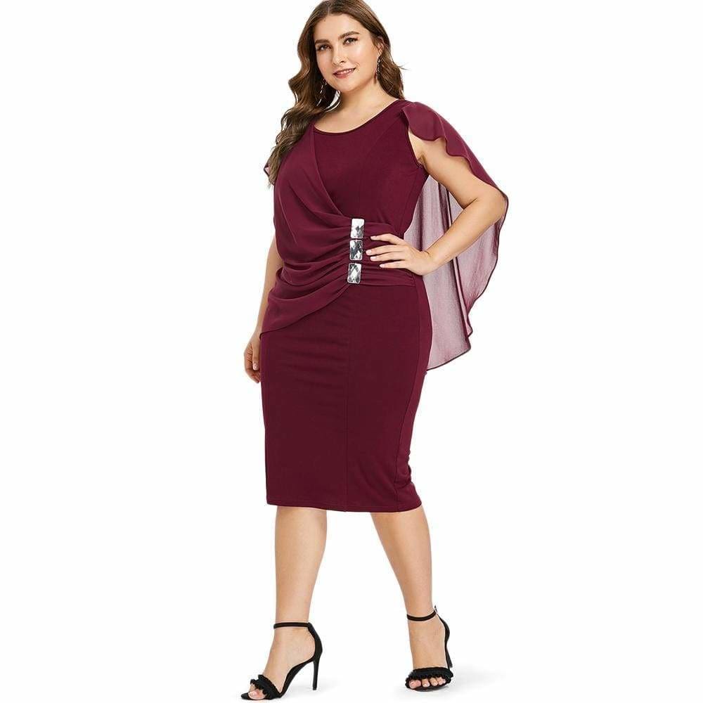 Clearance Rhinestone Ruched Embellished Capelet Dress O-Neck Sleeveless Mssaz Desses