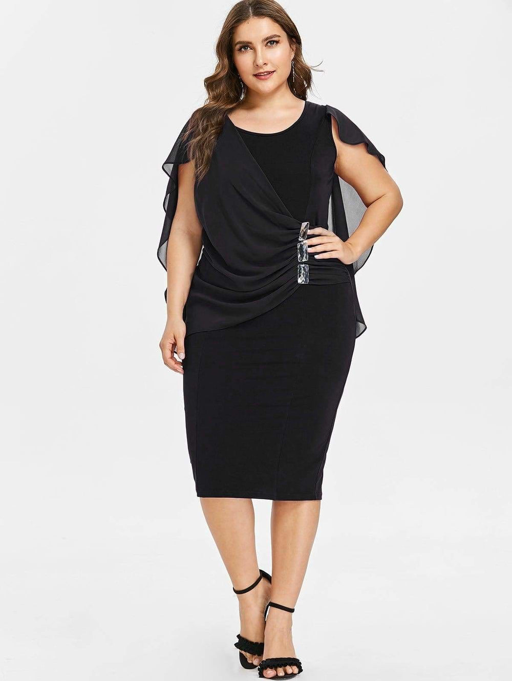 Clearance Rhinestone Ruched Embellished Capelet Dress O-Neck Sleeveless Mssaz Desses