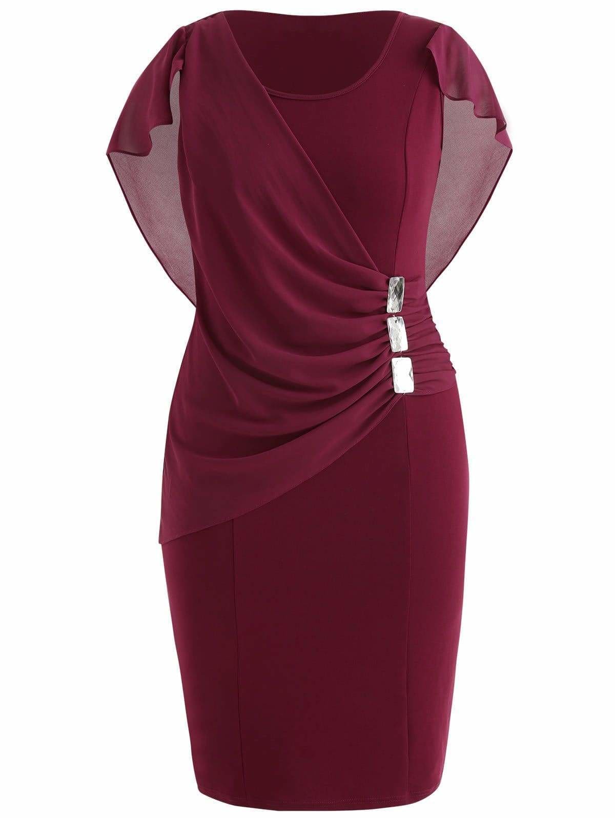 Clearance Rhinestone Ruched Embellished Capelet Dress O-Neck Sleeveless Mssaz Desses