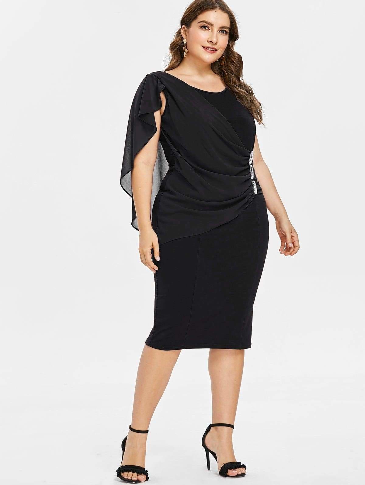 Clearance Rhinestone Ruched Embellished Capelet Dress O-Neck Sleeveless Mssaz Desses